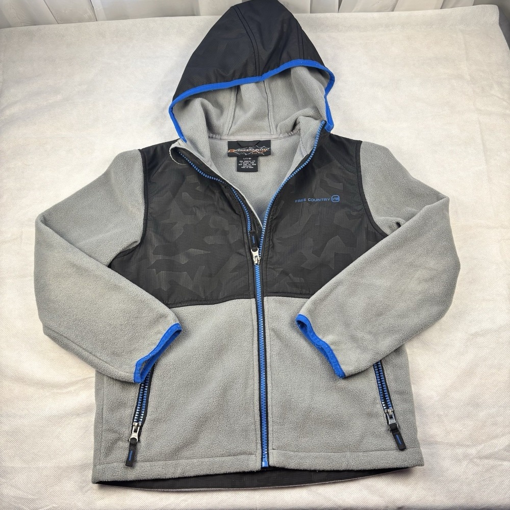 Free Country Youth Boys Hooded Fleece Jacket Hybrid Black Gray Size Large 7/8‎